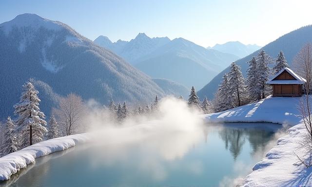 北海道の壮大な雪山と温泉