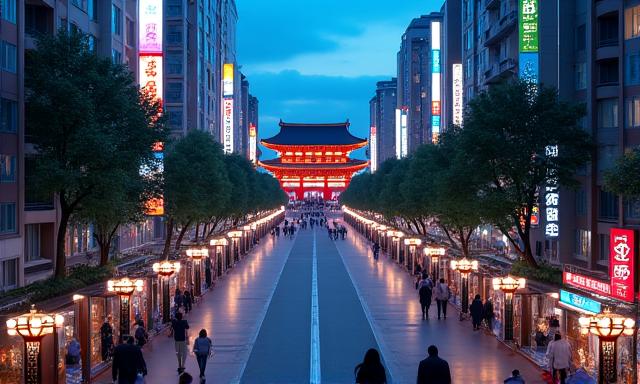 東京の近代的な街並みと伝統的な神社の夜景