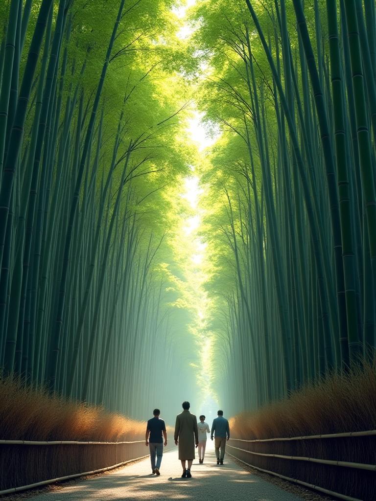 京都の竹林を歩く人々の景色