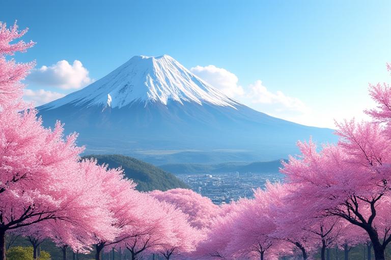 富士山の壮大な景色を背景にした桜並木