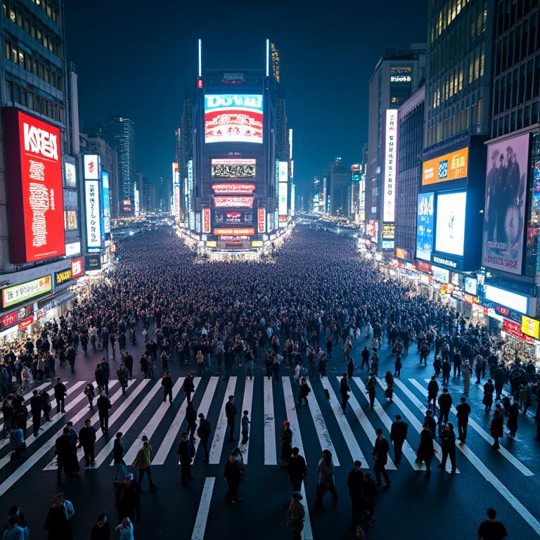 活気ある東京の交差点、渋谷スクランブル交差点を上から見る