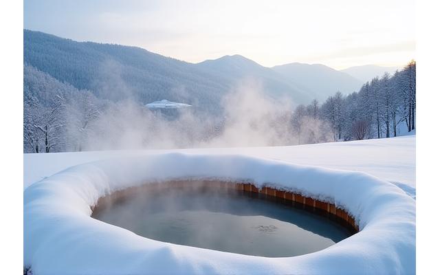 北海道の雪景色の中でのスキーと温泉