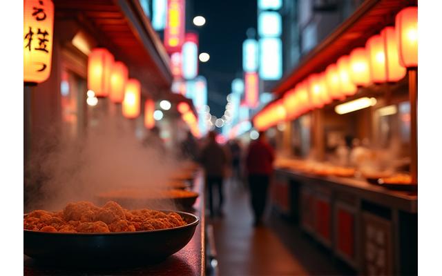 東京の賑やかな街並みとストリートフード