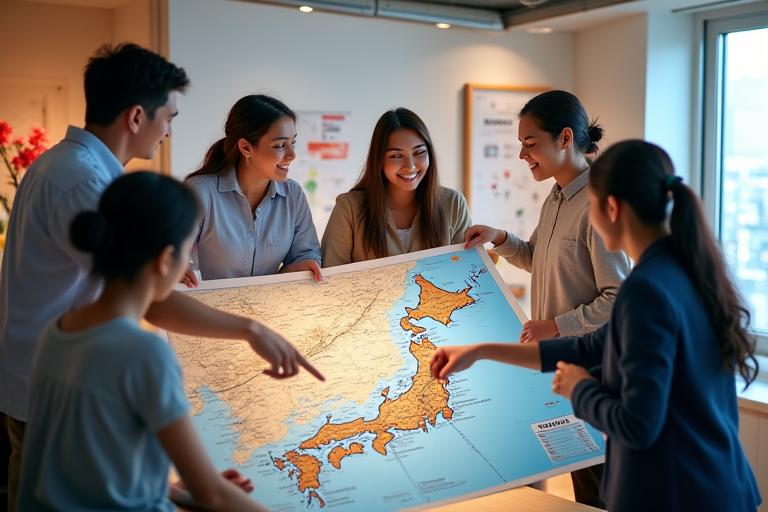 旅東京の創設者たちと共に、日本地図を囲んで熱く語り合う様子